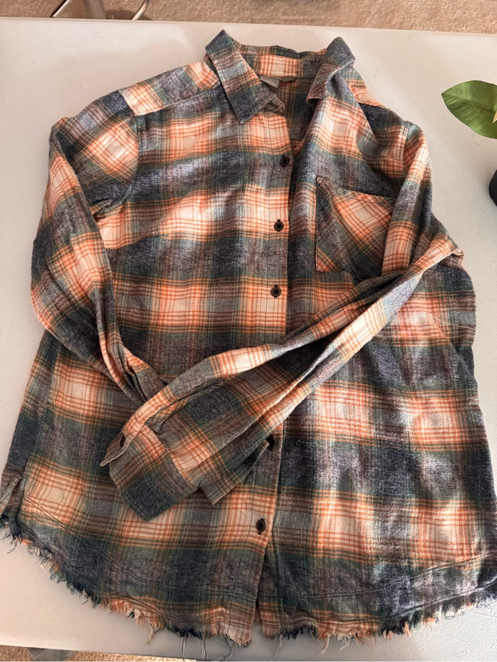 Womens Plaid Flannel Shirt - Orange & Green